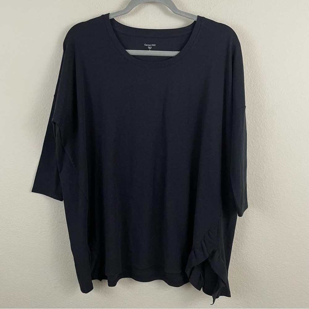 Garnet Hill Organic Cotton Relaxed Blouse Ruffle Slits Black Size‎ S